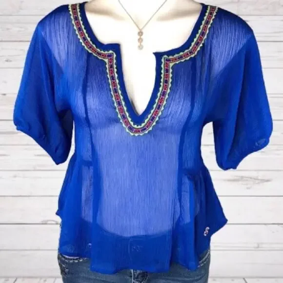 Hollister Embroidered Sheer Top Womens Size XS Blue Boho Festival Crinkle - Picture 1 of 11
